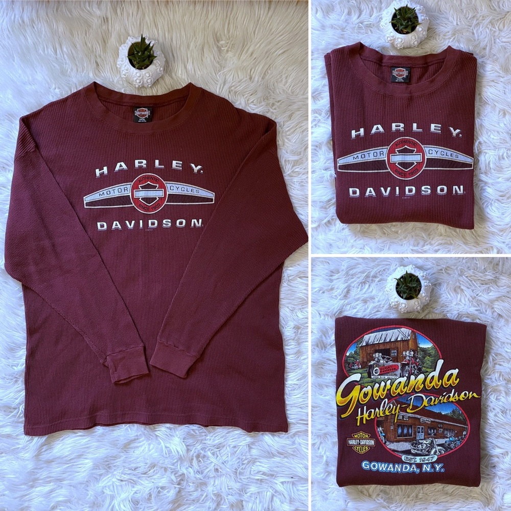 EUC 90s vintage Harley-Davidson thermal l/s Gowanda NY graphic crew top, 3XL